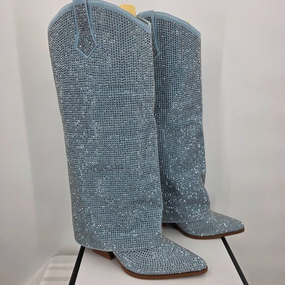 AZALEA WANG Banian Knee High Rhinestone Denim Western Boot 7-11 NWT - Picture 7 of 13